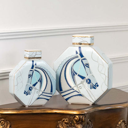 White ceramic jars with abstract blue brush art great for contemporary console décor and artistic home accents.