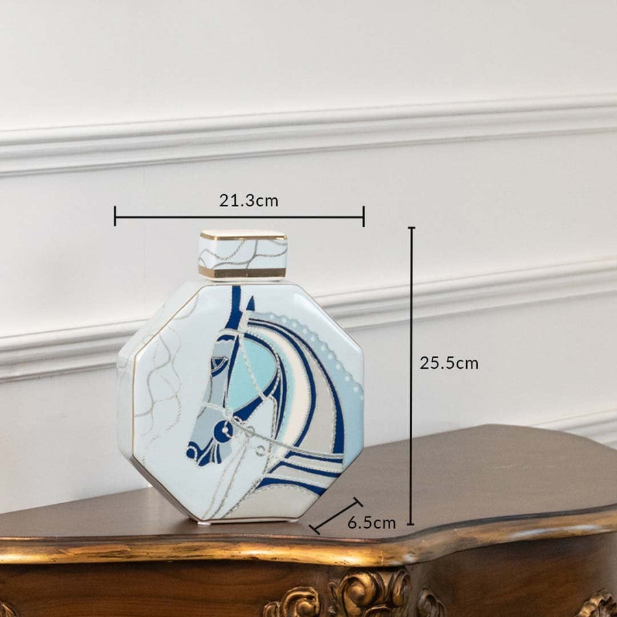 White octagon ceramic jar with blue abstract horse artwork in a front view measuring 23.5 cm width and 19.5 cm height perfect for modern décor styling.