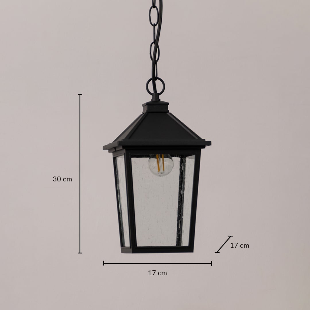 Black outdoor lantern shown on a white background with dimensions marked clearly showing a height of 30 cm and a width of 17 cm for accurate size reference.