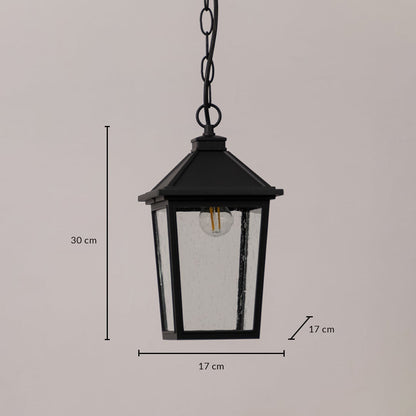 Black outdoor lantern shown on a white background with dimensions marked clearly showing a height of 30 cm and a width of 17 cm for accurate size reference.