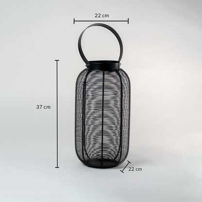 Technical sizing image of black wire lantern displaying height 37 cm and width 22 cm measurements to assist with accurate placement.