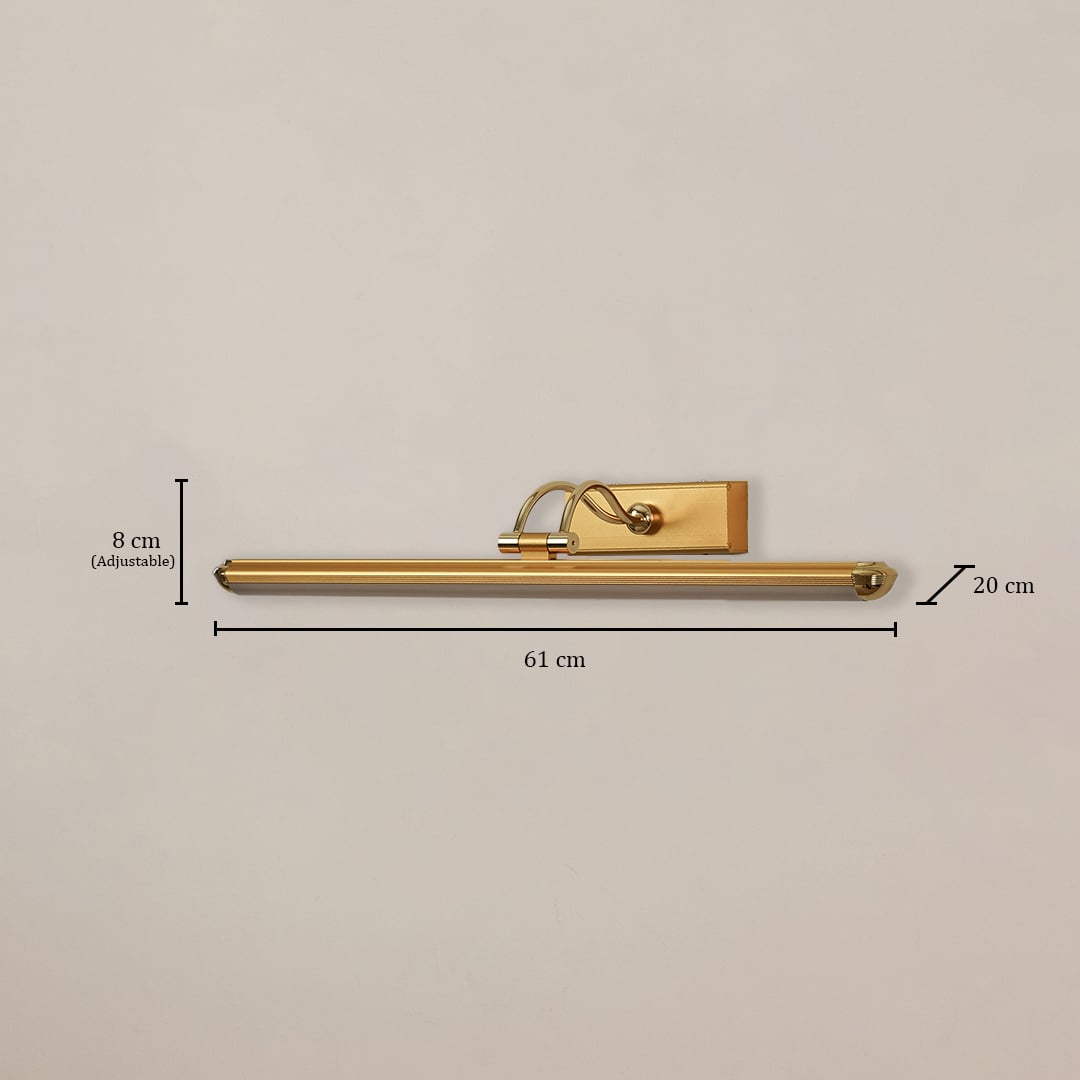Gold adjustable picture light measuring 61 cm width and 20 cm depth shown on white background for home wall lighting reference.