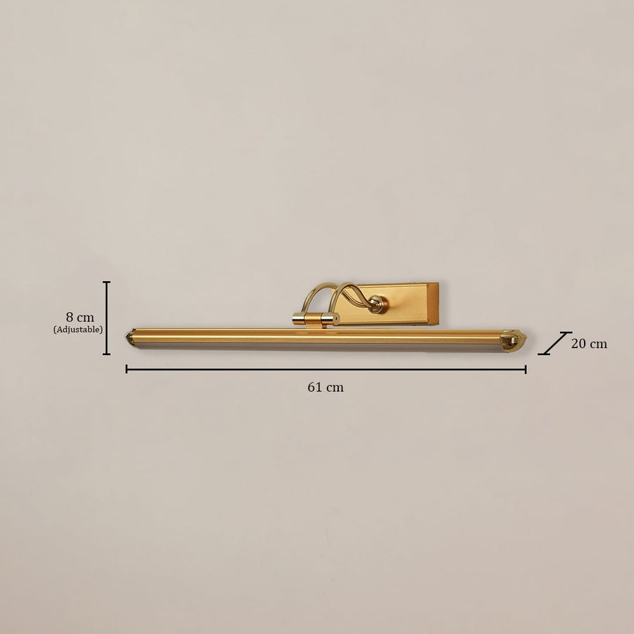 Gold adjustable picture light measuring 61 cm width and 20 cm depth shown on white background for home wall lighting reference.