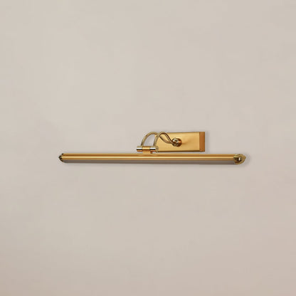 Gold adjustable picture light with light off shown on white background perfect for wall art lighting in living rooms and hallways.