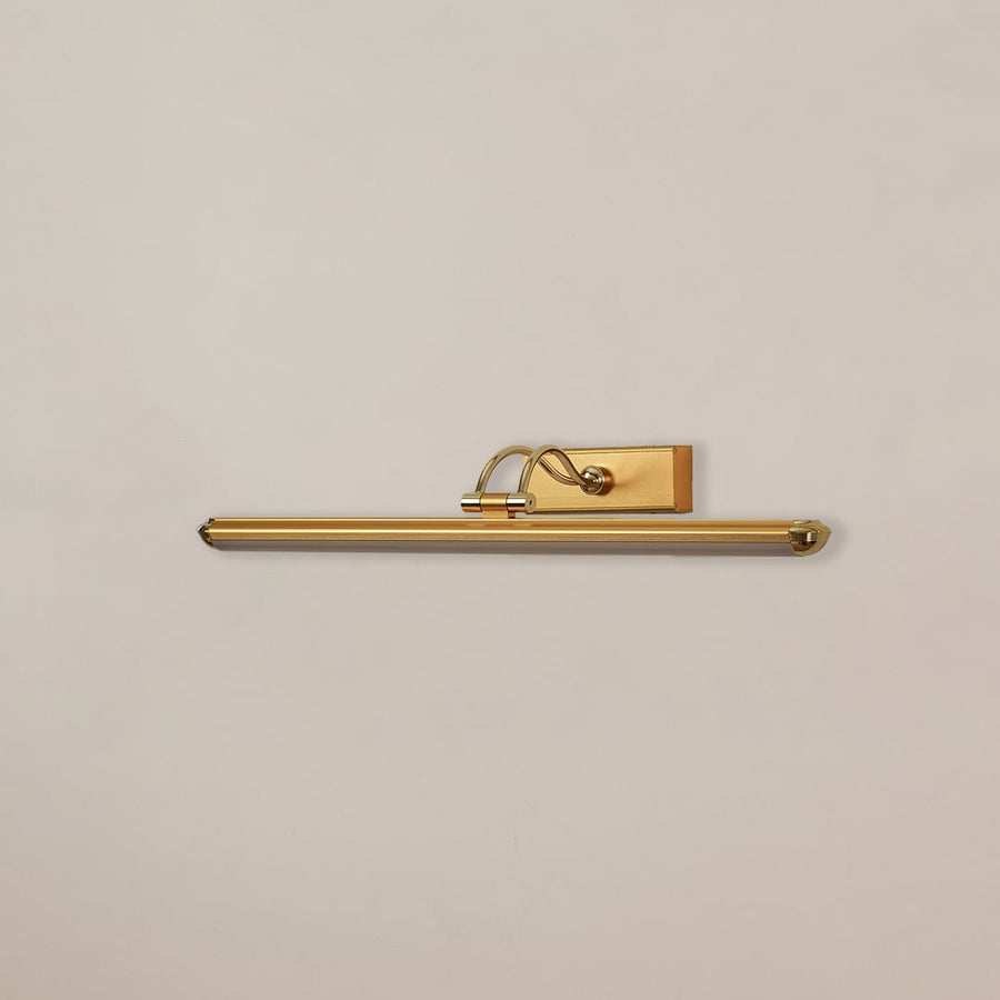 Gold adjustable picture light with light off shown on white background perfect for wall art lighting in living rooms and hallways.