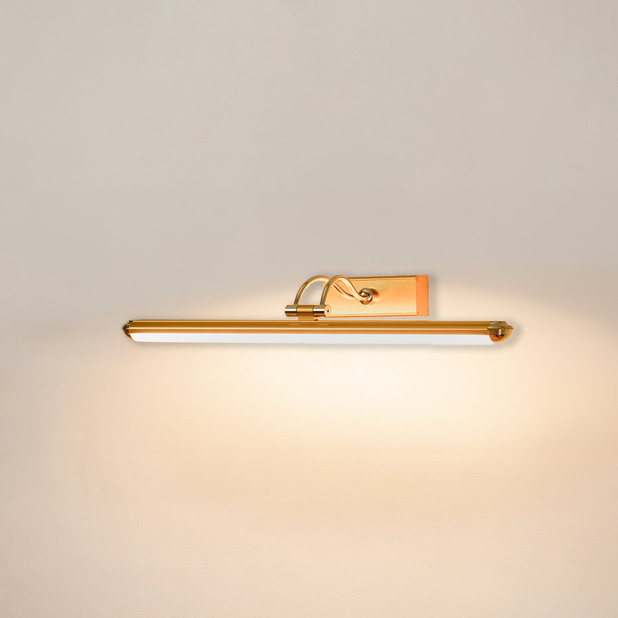 Contemporary wall light in gold metal finish with linear bar design for bathroom or vanity decor lighting white background.