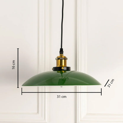 Dimension image of glossy green metal pendant light with brass accents showing 16 cm height and 31 cm width.