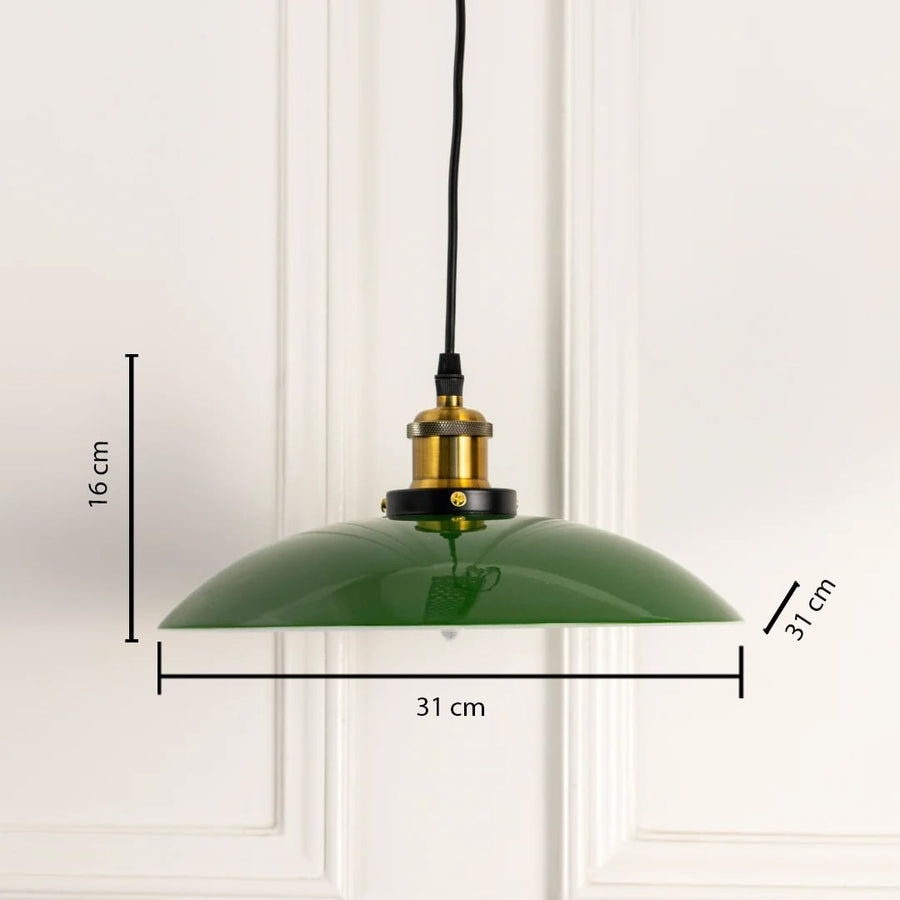 Dimension image of glossy green metal pendant light with brass accents showing 16 cm height and 31 cm width.