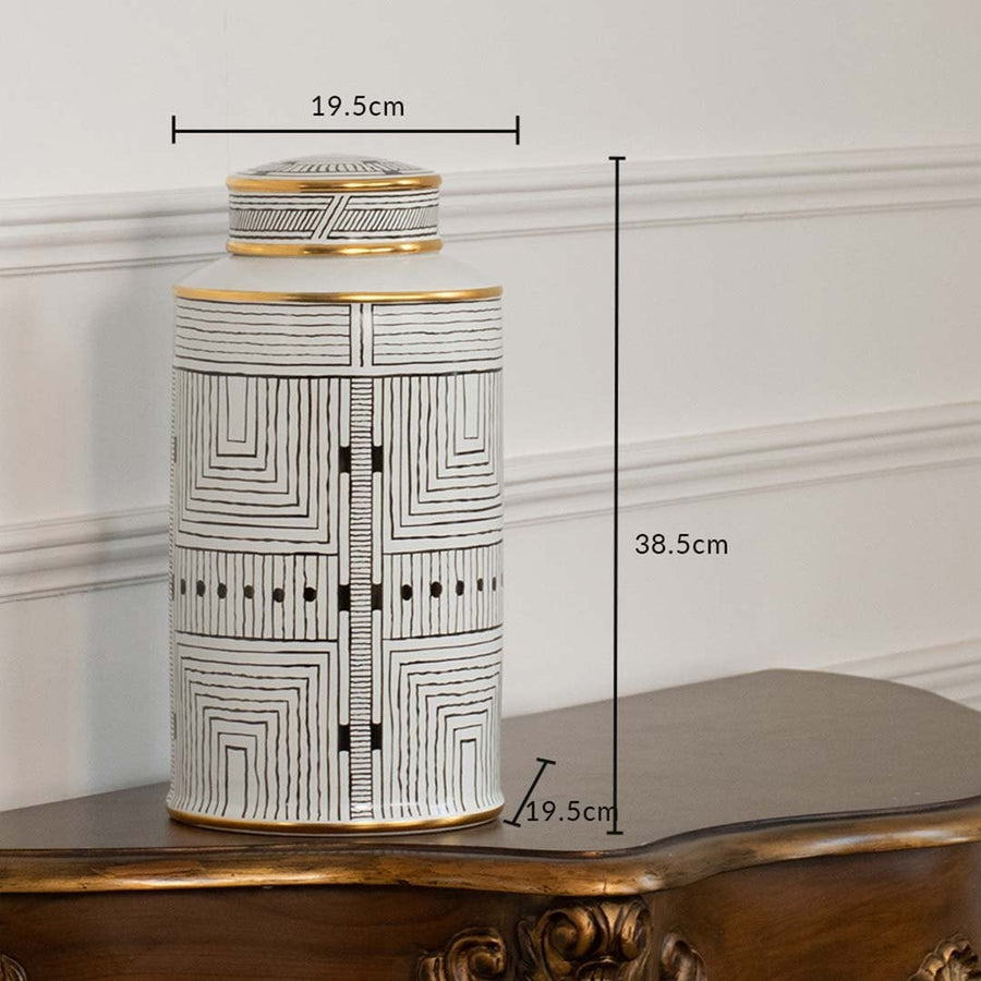 White ceramic jar with black geometric line pattern shown with dimensions 30.5 cm height and 13.5 cm width.