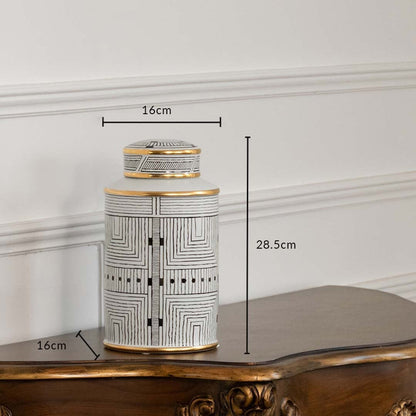 White ceramic jar with architectural artwork in a front view measuring 12 cm width and 26.4 cm height perfect for classic décor styling.