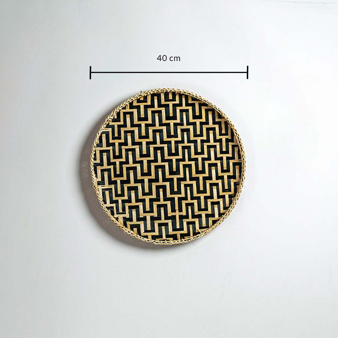 Round woven bamboo basket 40cm diameter with black geometric pattern dimension image showing handcrafted boho wall decor.