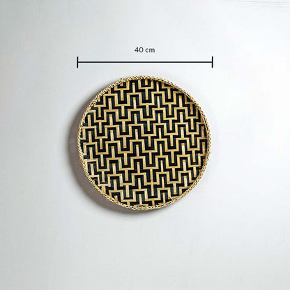 Round woven bamboo basket 40cm diameter with black geometric pattern dimension image showing handcrafted boho wall decor.