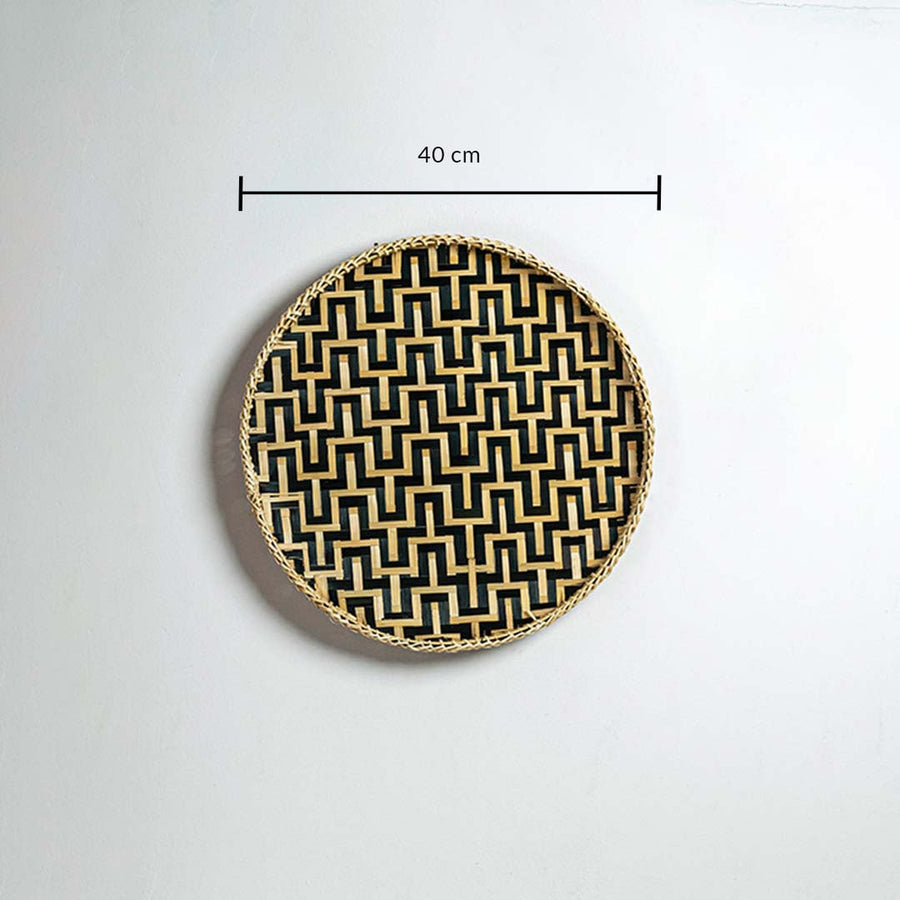 Round woven bamboo basket 40cm diameter with black geometric pattern dimension image showing handcrafted boho wall decor.