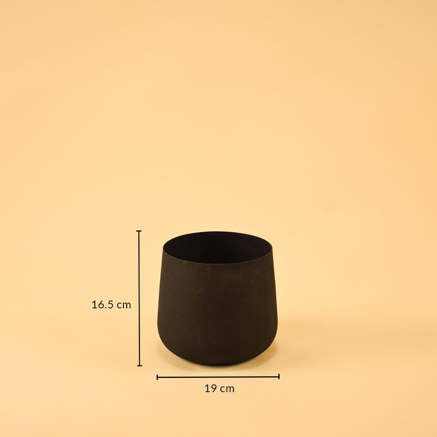 Black textured metal planter shown with 19 cm width and 16.5 cm height offering a clear accurate size reference.