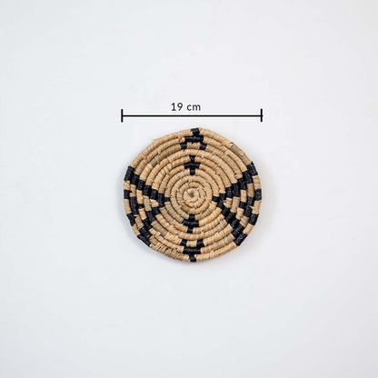 Handwoven jute round wall basket decor in beige and black rustic boho style star wall art piece with 19 cm size shown.