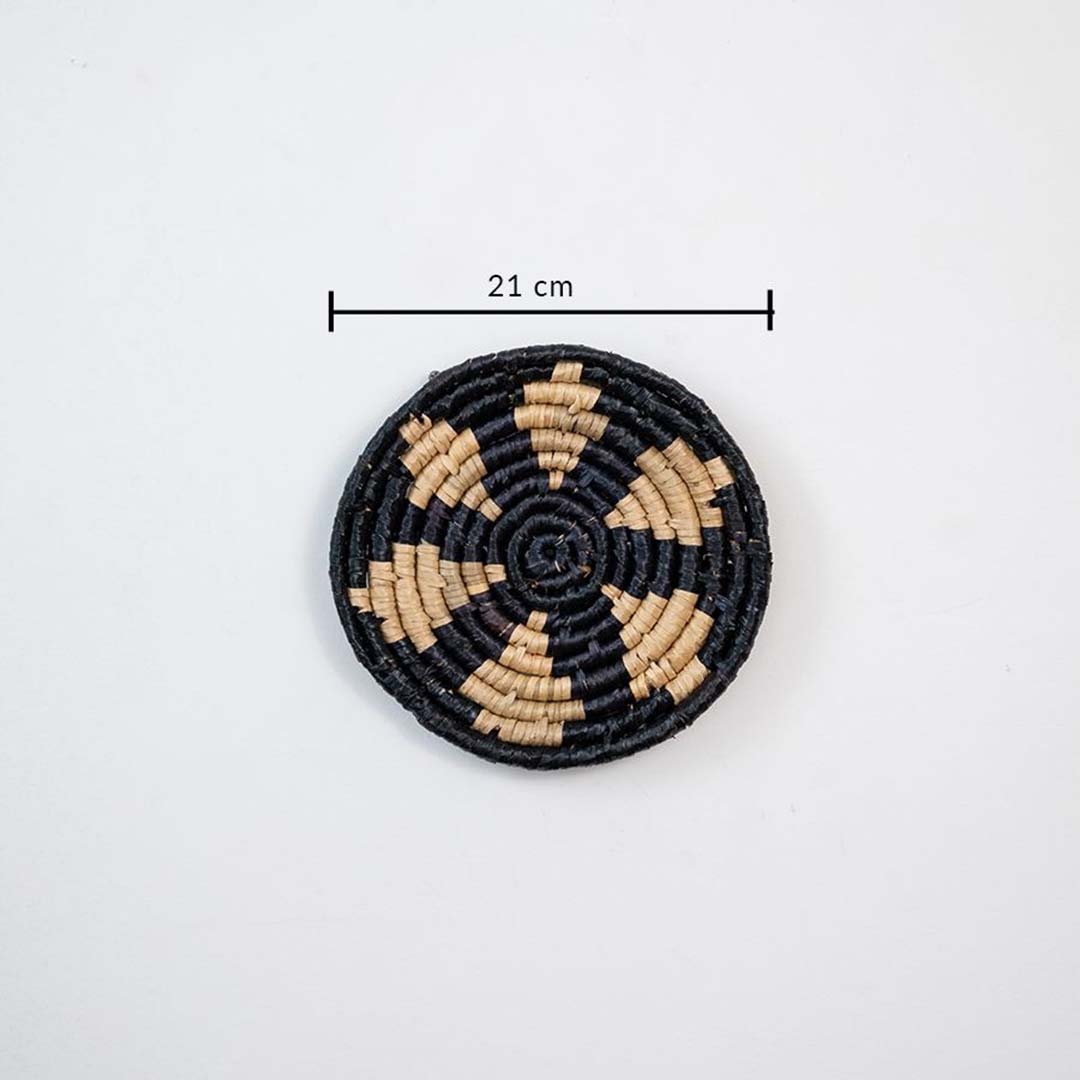 Handwoven jute round wall basket decor in beige and black rustic boho style star wall art accent piece with 21 cm size shown.