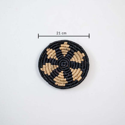 Handwoven jute round wall basket decor in beige and black rustic boho style star wall art accent piece with 21 cm size shown.
