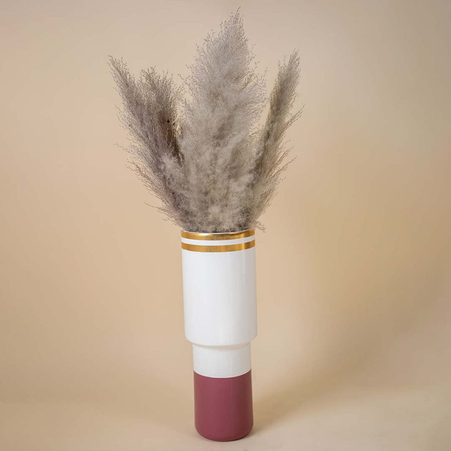 Tall grey pampas grass stems placed in hand against beige background for elegant modern home and vase decoration.