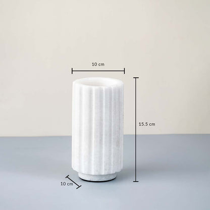 White marble vase with fluted cylindrical design shown with 15.5 cm height and 10 cm width ideal for modern home decor.