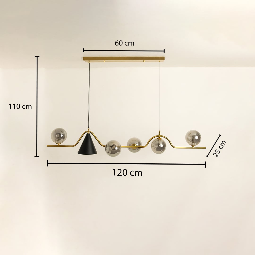 Chandelier dimension view showing 120 cm width 110 cm height 25 cm depth and a 60 cm canopy length displayed on a white background.