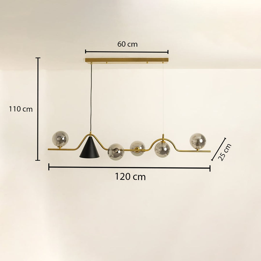Chandelier dimension view showing 120 cm width 110 cm height 25 cm depth and a 60 cm canopy length displayed on a white background.