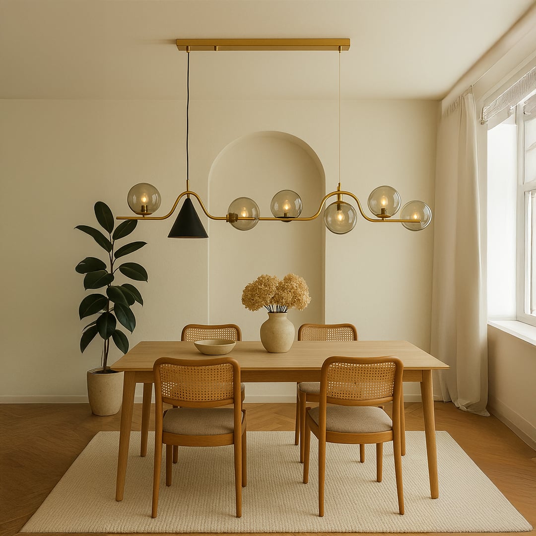 Modern chandelier styled in a warm room setup featuring metallic globes and a sleek wavy bar design for a contemporary decorative look.