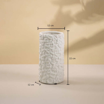 White textured cylindrical ceramic vase with 22 cm height and 12 cm width displayed on white background.
