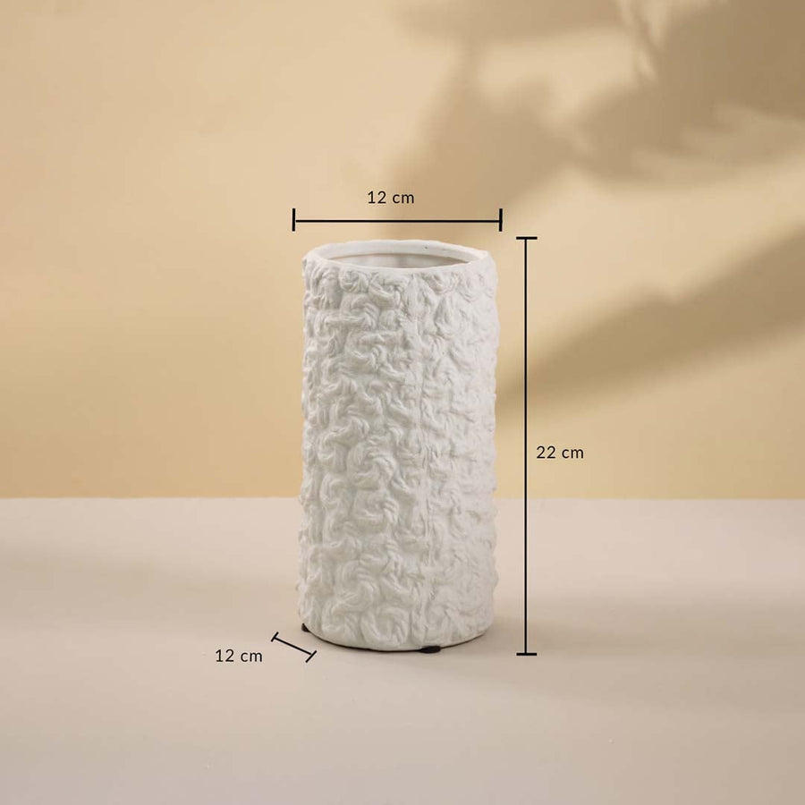 White textured cylindrical ceramic vase with 22 cm height and 12 cm width displayed on white background.