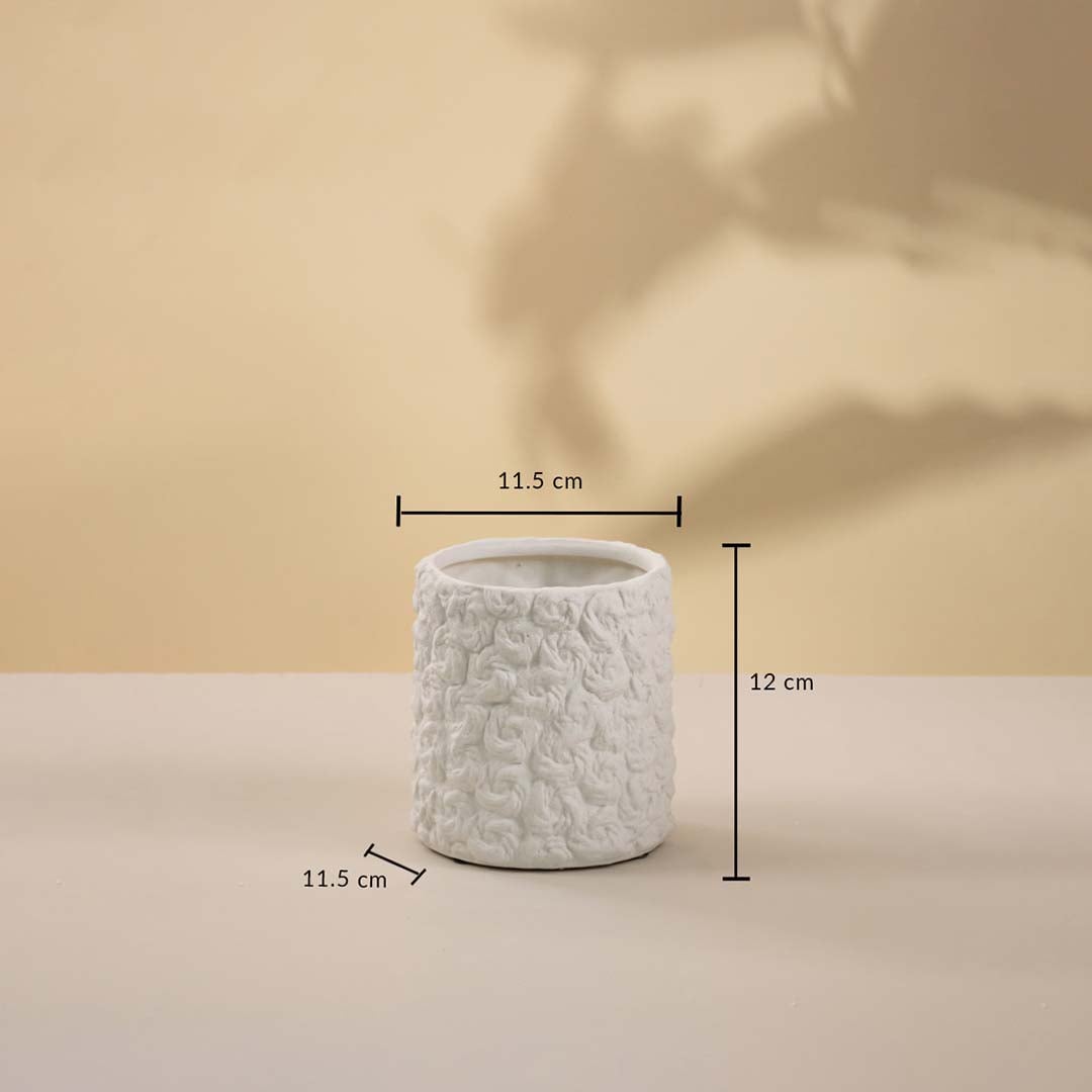 White textured ceramic vase with 12 cm height and 11.5 cm width displayed on white background.