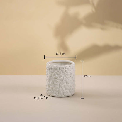 White textured ceramic vase with 12 cm height and 11.5 cm width displayed on white background.
