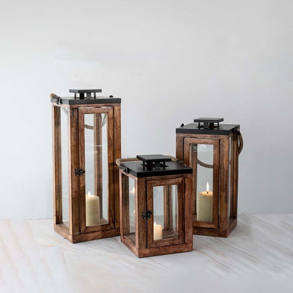Set of rustic wooden lanterns view with candles highlighting warm glow and detailed design.
