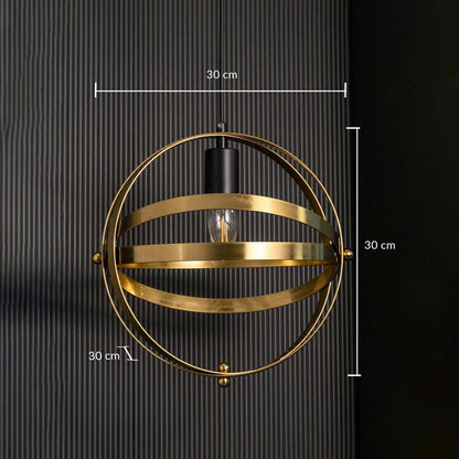 A spherical pendant light with metal bands showing measurements of 30 cm height 30 cm width and 30 cm depth displayed clearly on a dark background.