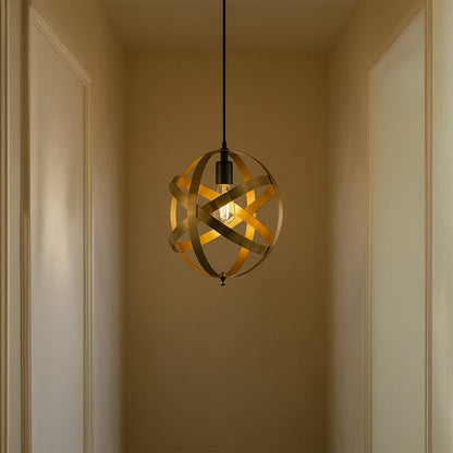 A metal pendant light with warm illumination hanging in a minimal hallway setting featuring soft beige walls and clean architectural lines.