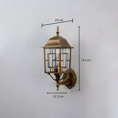 Lantern wall light dimensions 41 cm height 20 cm width and 12.3 cm depth shown on a white background.