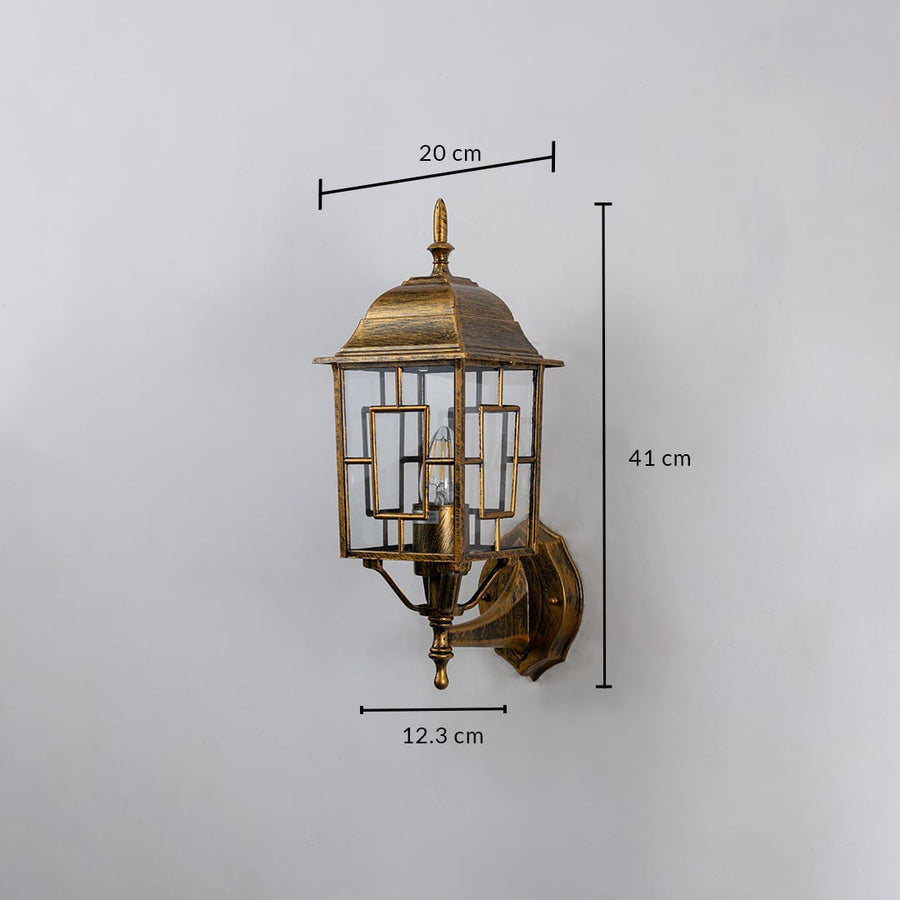 Lantern wall light dimensions 41 cm height 20 cm width and 12.3 cm depth shown on a white background.