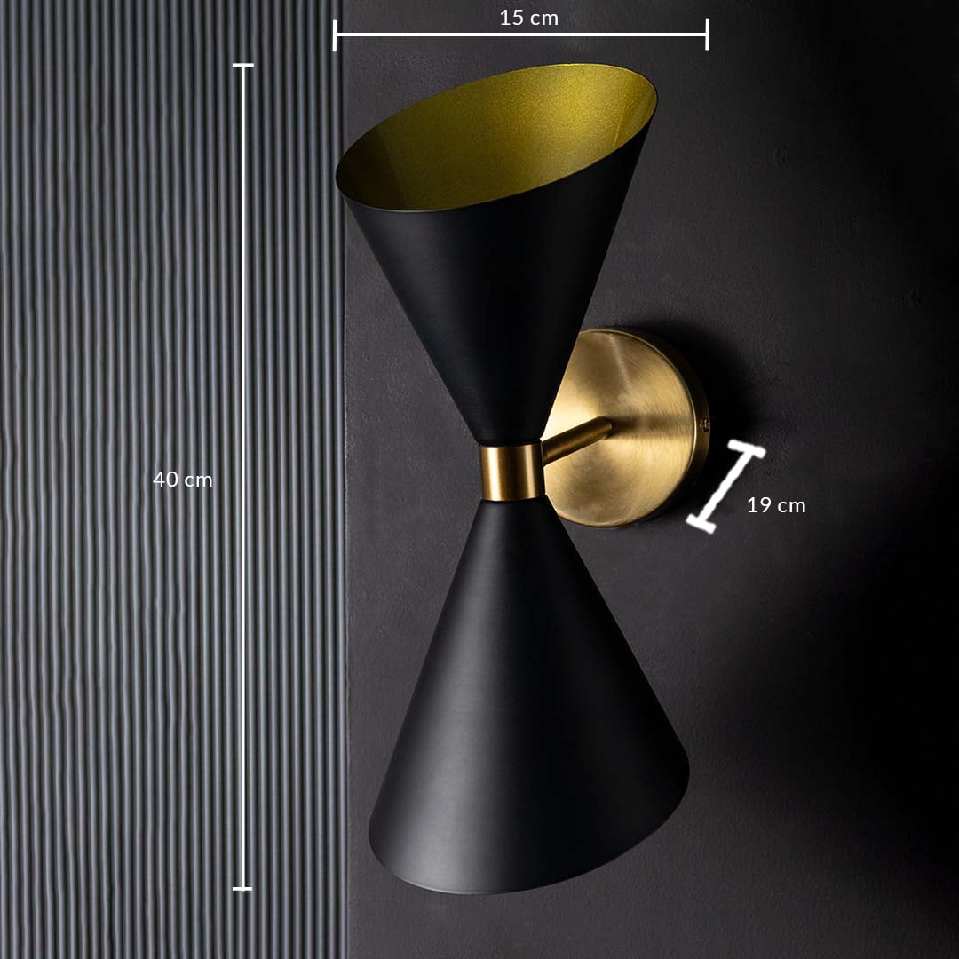 Black and gold double shade wall light shown with clear measurements displaying a height of 40 cm a width of 15 cm and a wall depth of 19 cm for accurate sizing.