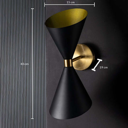 Black and gold double shade wall light shown with clear measurements displaying a height of 40 cm a width of 15 cm and a wall depth of 19 cm for accurate sizing.
