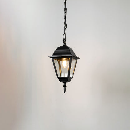 Contemporary black metal hanging lantern light with clear glass shade for balcony and patio lighting.