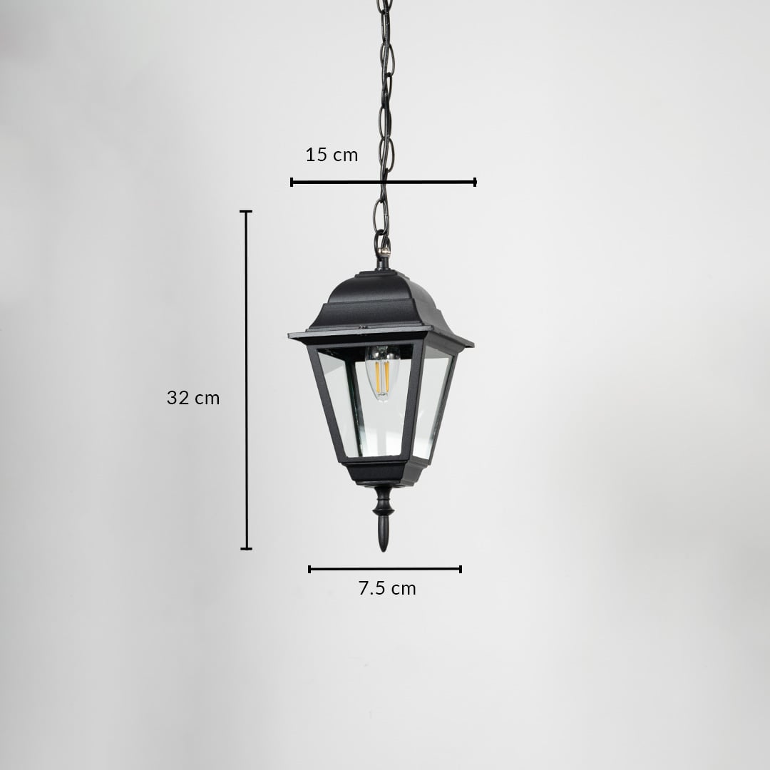 Outdoor hanging lantern light dimension image showing height 32 cm width 7.5 cm and chain length 15 cm.