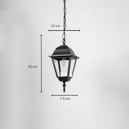 Outdoor hanging lantern light dimension image showing height 32 cm width 7.5 cm and chain length 15 cm.