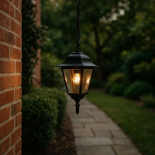 Black hanging outdoor lantern light styled in a cozy outdoor corner adding classic elegance to evening spaces.