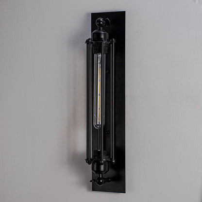 Wall sconce with industrial black metal tube cage frame perfect for bedroom living room and hallway modern loft interiors.