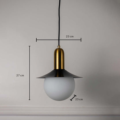Dimension image of black metal pendant light with brass accents and frosted glass globe showing 27 cm height and 23 cm width.