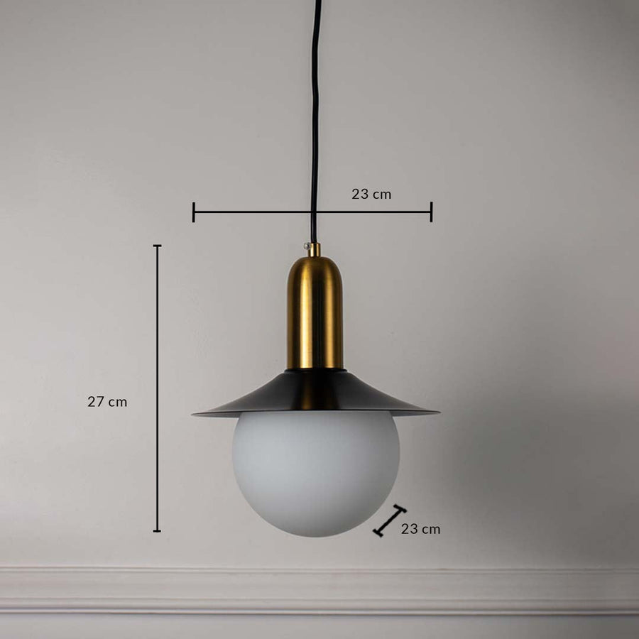 Dimension image of black metal pendant light with brass accents and frosted glass globe showing 27 cm height and 23 cm width.