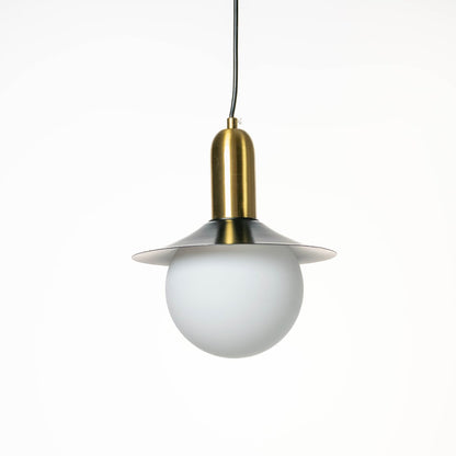 White glass globe pendant light with polished brass fittings and metal shade crafted for stylish spaces.