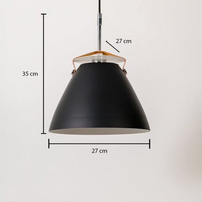 Black pendant light measuring 35 cm in height and 27 cm in diameter designed for focused task lighting.