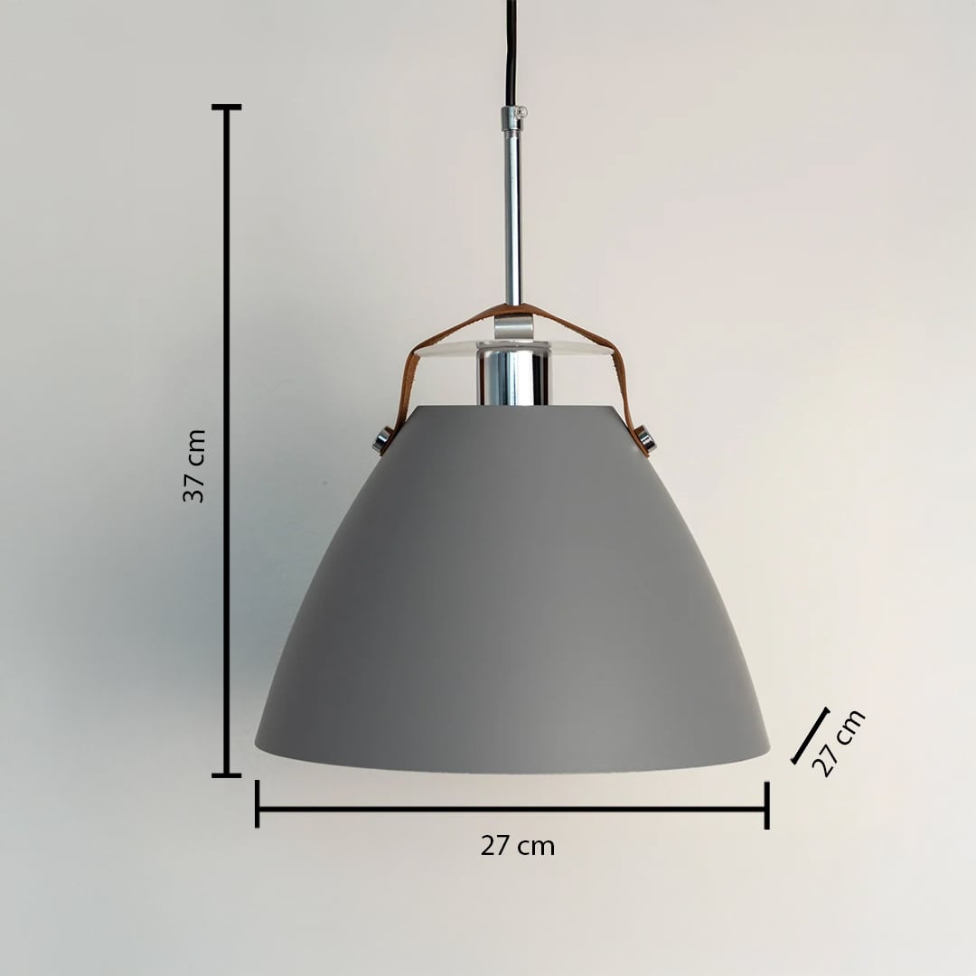 Grey pendant light measuring 37 cm in height and 27 cm in width designed for focused yet soft lighting.