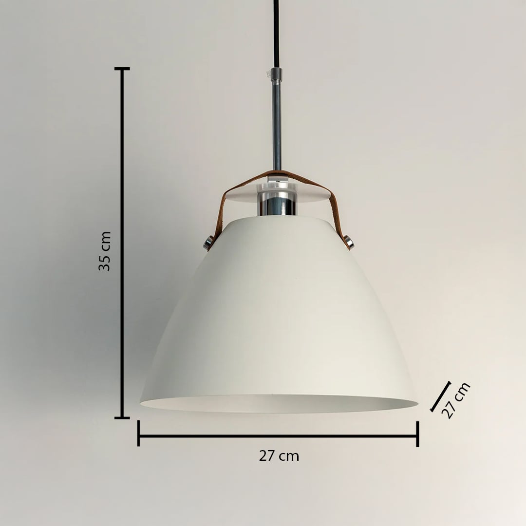 White pendant light measuring 35 cm in height and 27 cm in width designed for stylish focused lighting.
