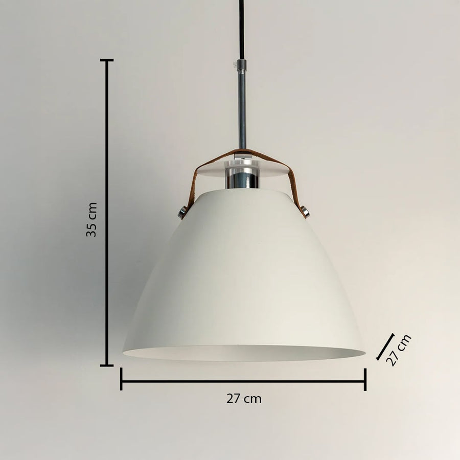 White pendant light measuring 35 cm in height and 27 cm in width designed for stylish focused lighting.