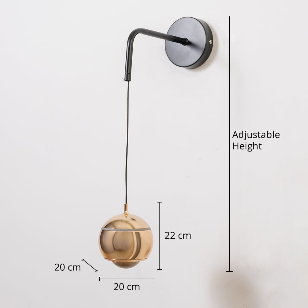 Gold spherical wall light dimensions with adjustable height 20cm width and 22cm height for interiors.